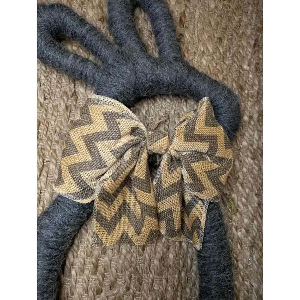 Easter Bunny Shaped Holiday Gray Wreath Brown Ribbon Bow Door Decor 26